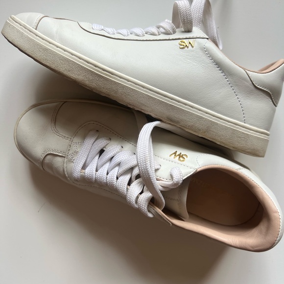Stuart Weitzman White and Gold Athletic Shoes Sleek Design - Picture 1 of 2
